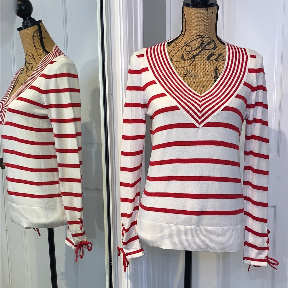 Anthropologie Red & White Stripe V Neck Pullover Knit Sweater Jumper NWT XS